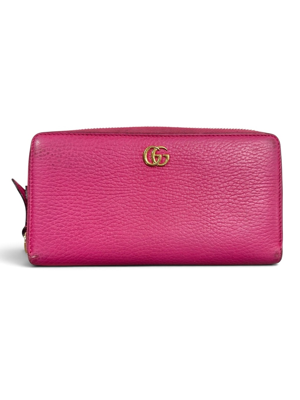Gucci Hot Pink Leather & Gold GG Marmont Large Zip Around Zippy Wallet